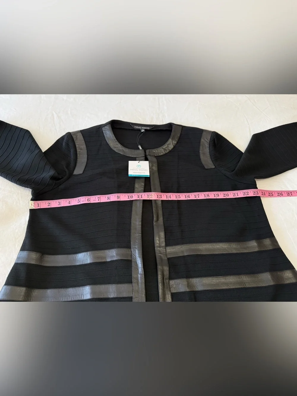 Ming Wang | SZ L | Black Long Line Cardigan Lightweight | Faux Leather Trim NWT